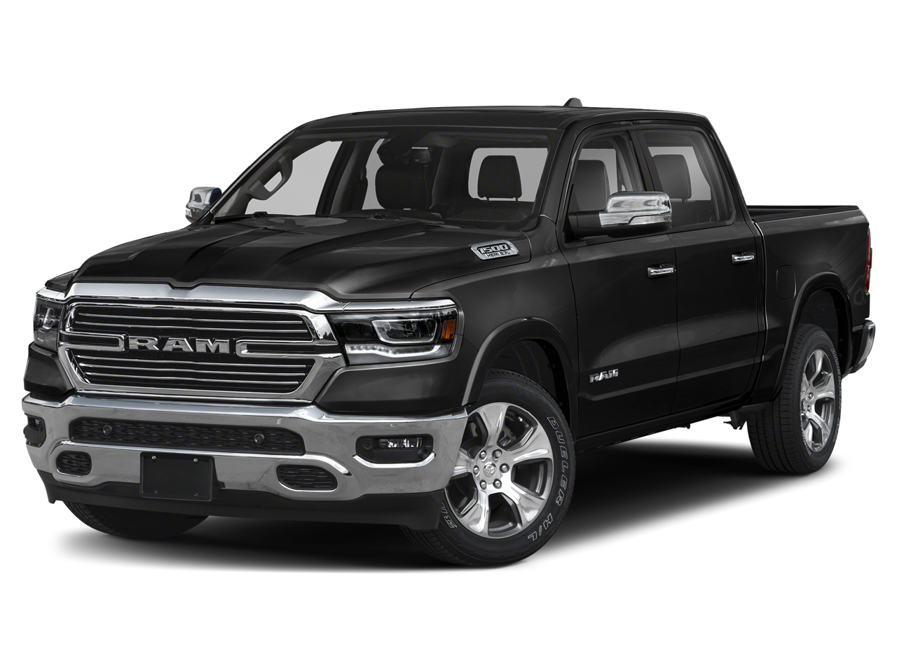 2019 RAM 1500 Laramie in Diamond Black Crystal Pearlcoat — front three-quarter view