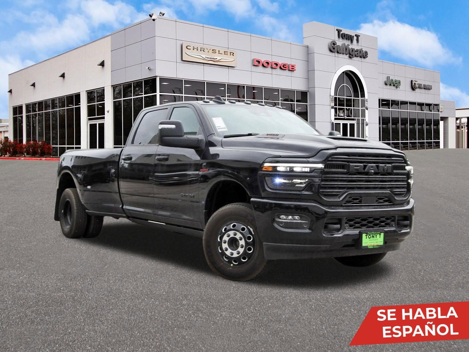 2026 RAM 3500 Laramie 4x4 Crew Cab 8' Box in Diamond Black Crystal Pearlcoat — front three-quarter view